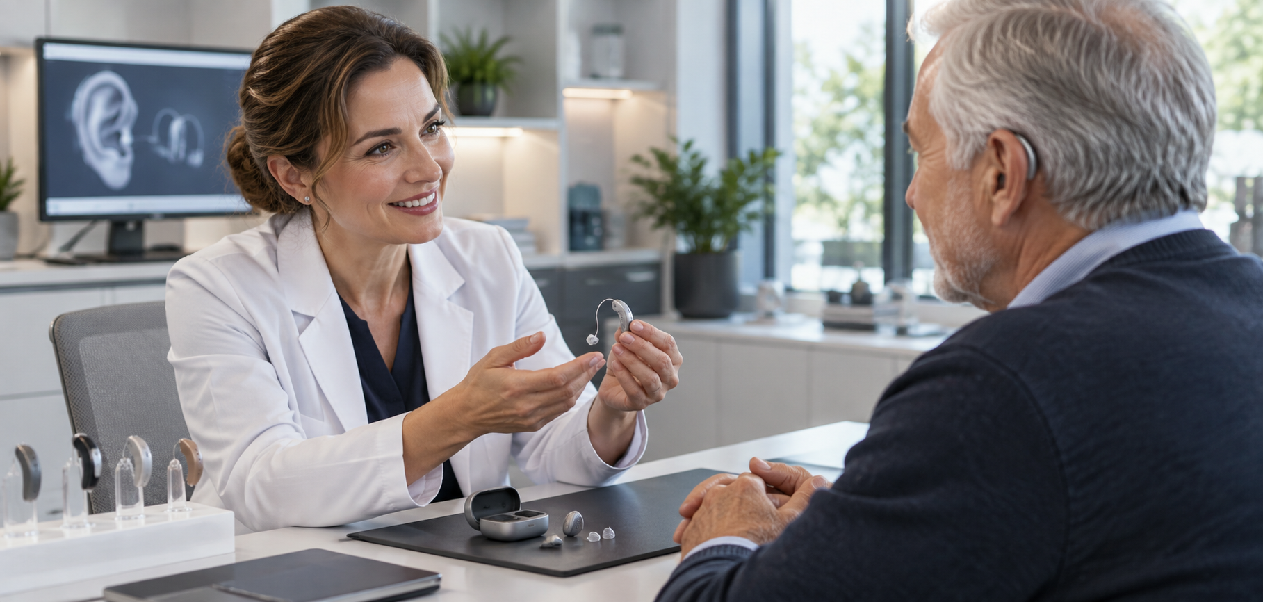 Échange entre une audioprothésiste et un patient dans un centre auditif